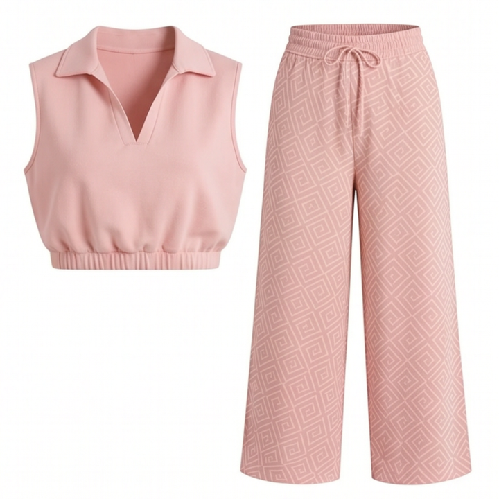 Collared Two-Piece Set with Drawstring Wide-Leg Pants — View 12 | Clova