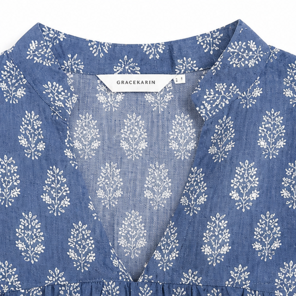 Block-Print V-Neck Summer Blouse — View 11 | Clova