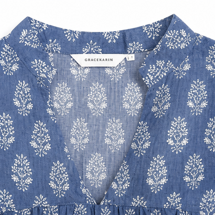 Block-Print V-Neck Summer Blouse — View 11 | Clova