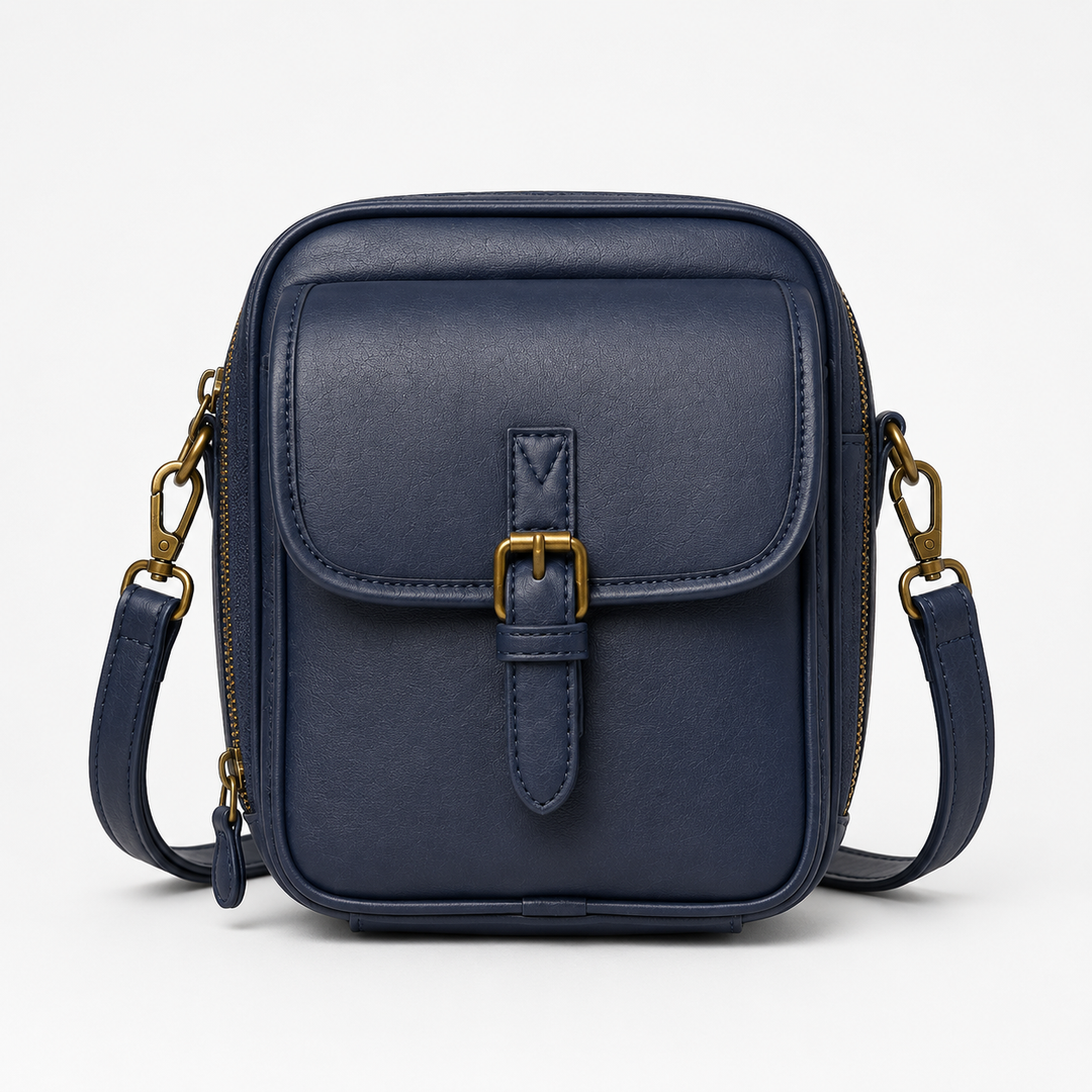 Structured PU crossbody bag with built-in wallet and glasses compartment