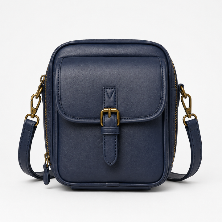 Structured PU crossbody bag with built-in wallet and glasses compartment