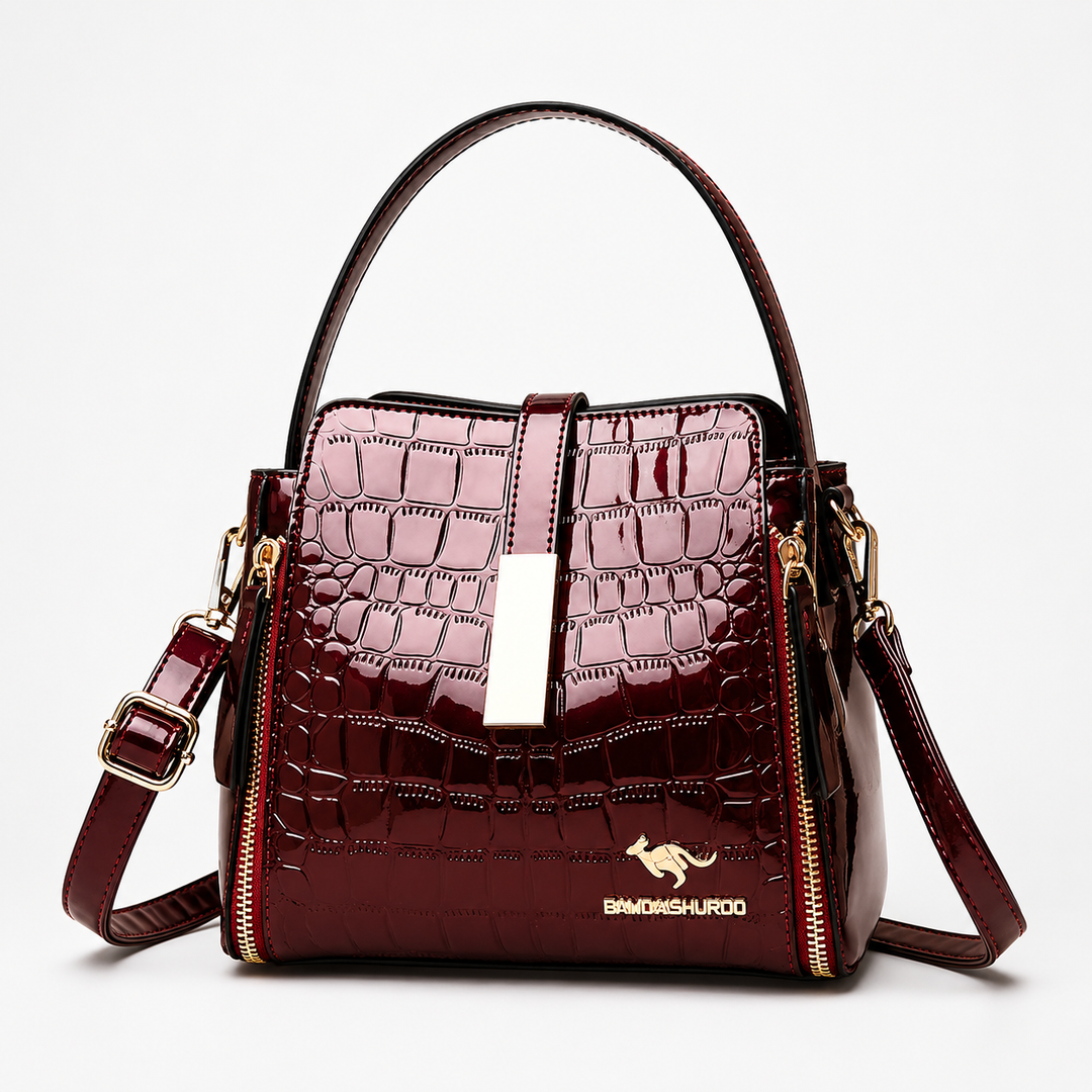 Glossy Croc Embossed Crossbody Handbag with Gold Hardware