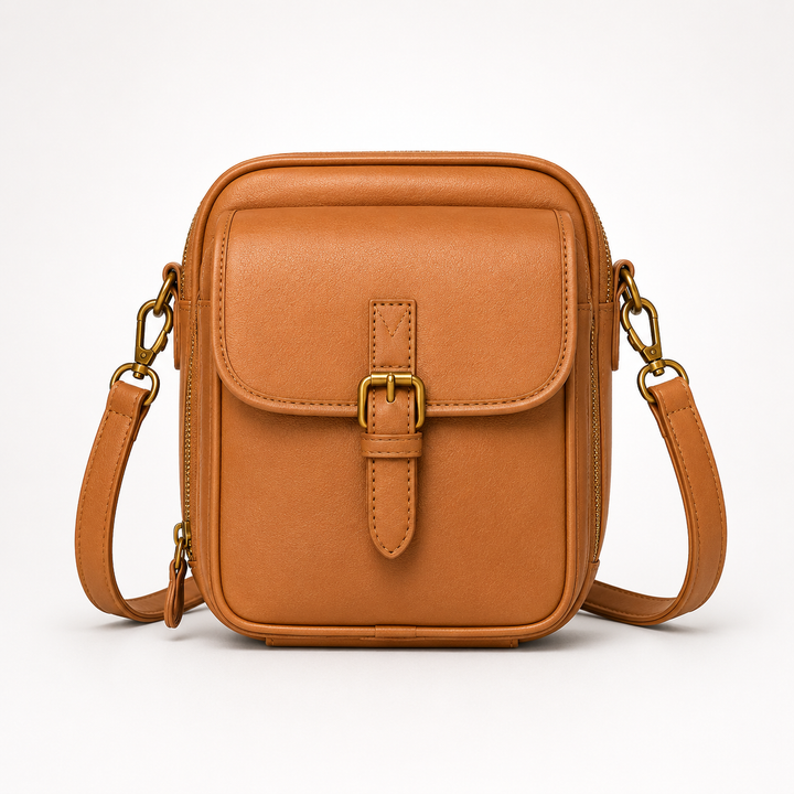 Structured PU crossbody bag with built-in wallet and glasses compartment