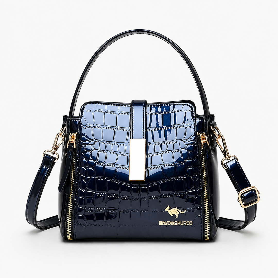 Glossy Croc Embossed Crossbody Handbag with Gold Hardware