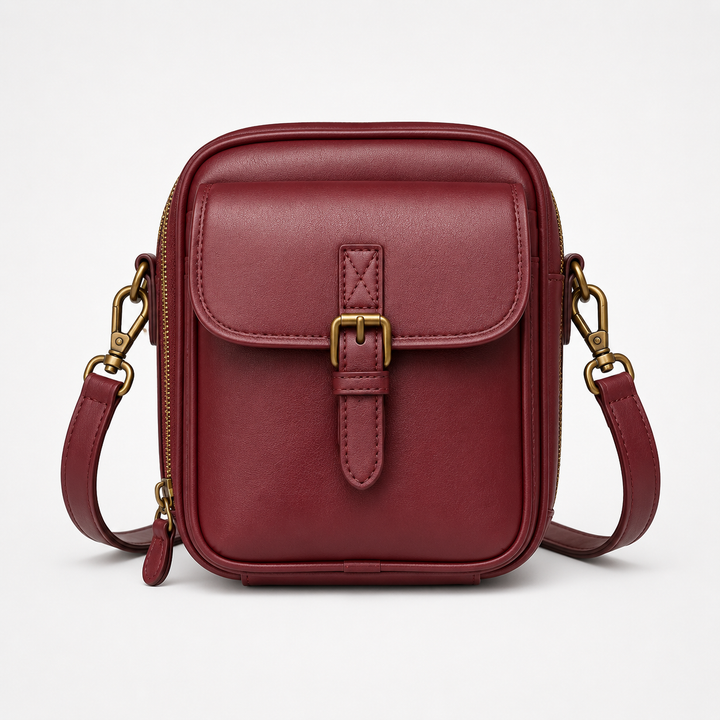 Structured PU crossbody bag with built-in wallet and glasses compartment