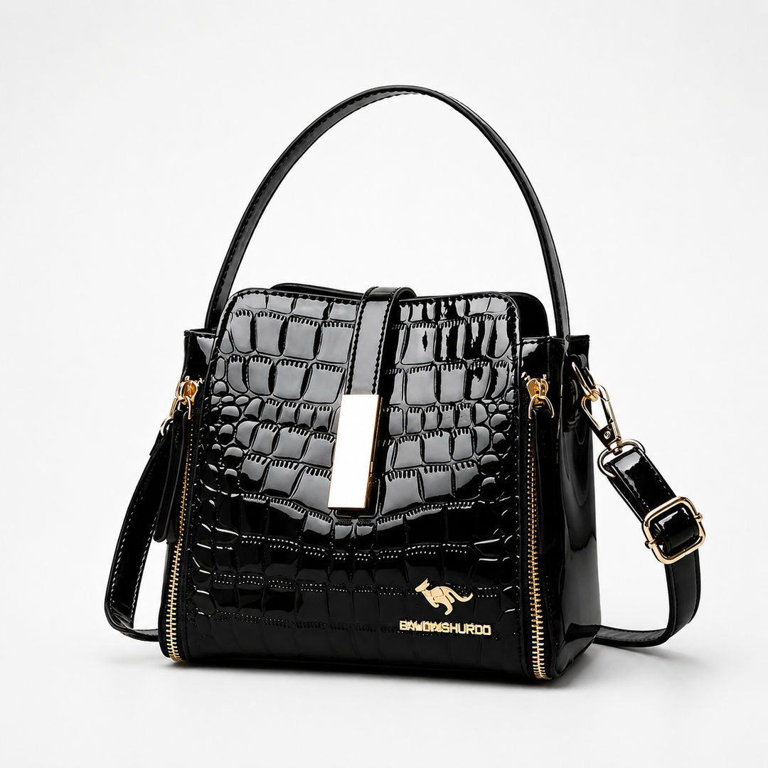 Glossy Croc Embossed Crossbody Handbag with Gold Hardware