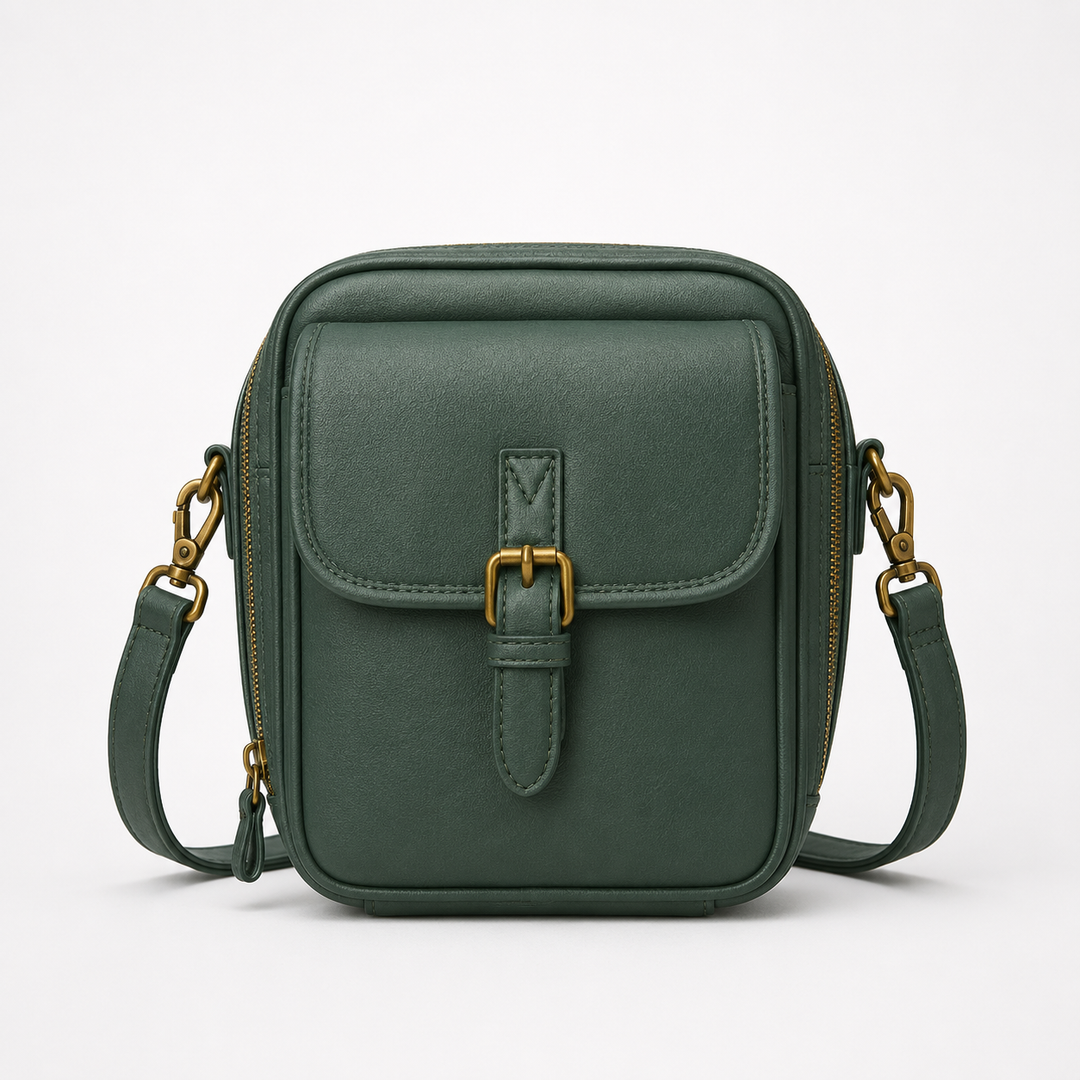 Structured PU crossbody bag with built-in wallet and glasses compartment