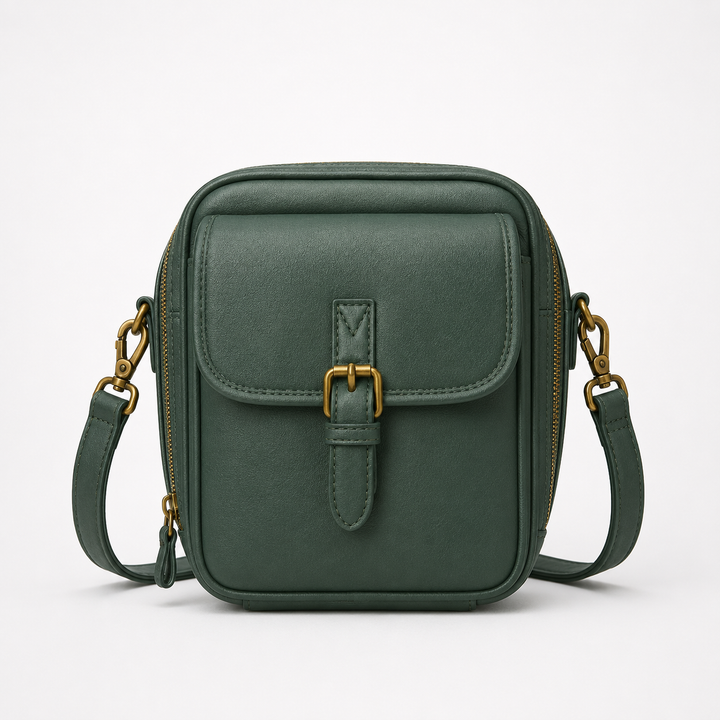 Structured PU crossbody bag with built-in wallet and glasses compartment