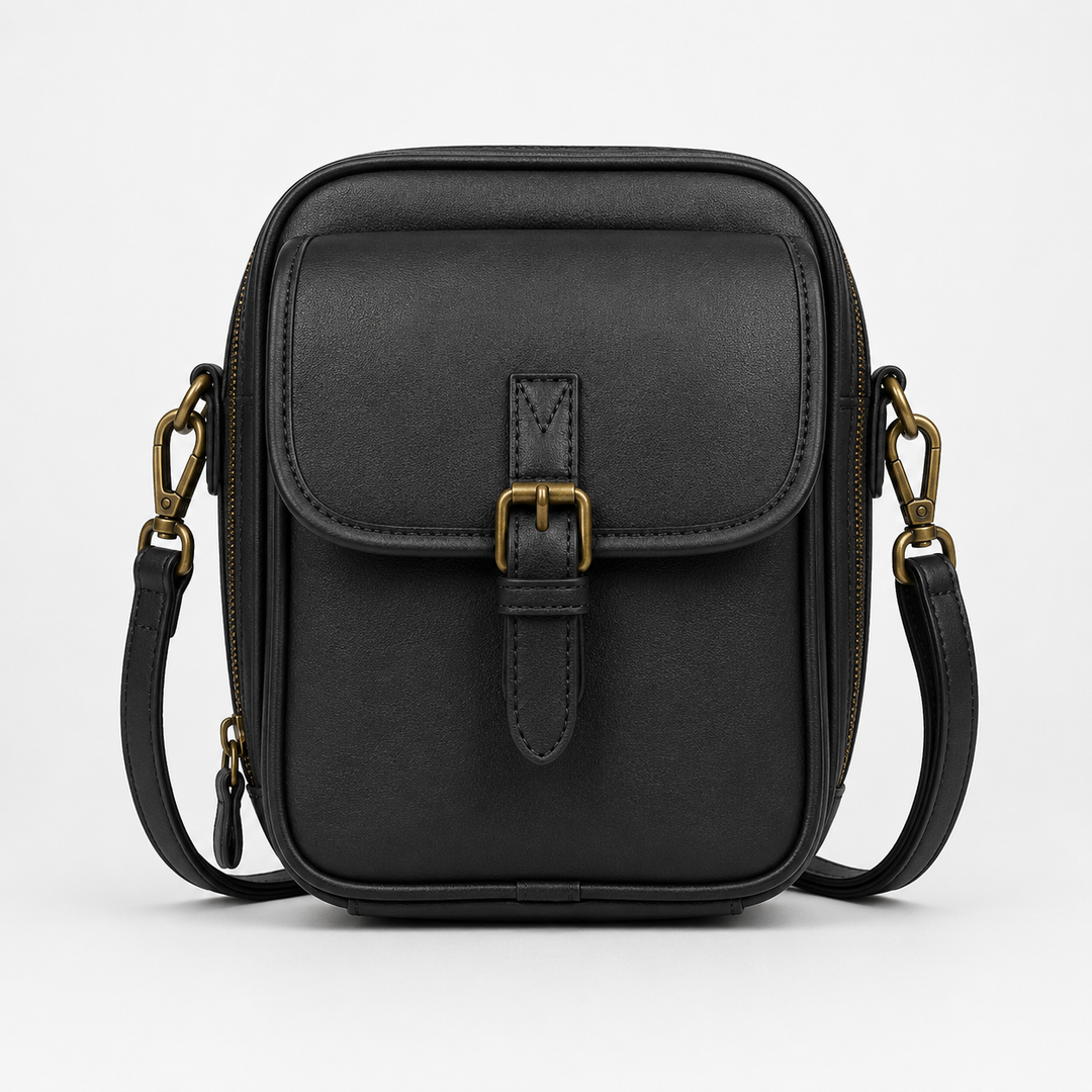 Structured PU crossbody bag with built-in wallet and glasses compartment
