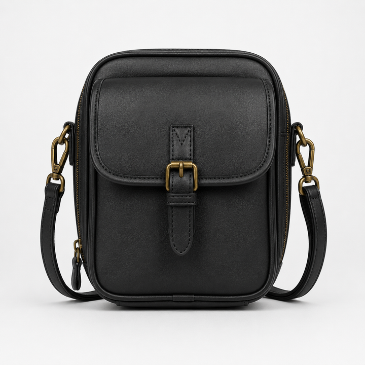 Structured PU crossbody bag with built-in wallet and glasses compartment