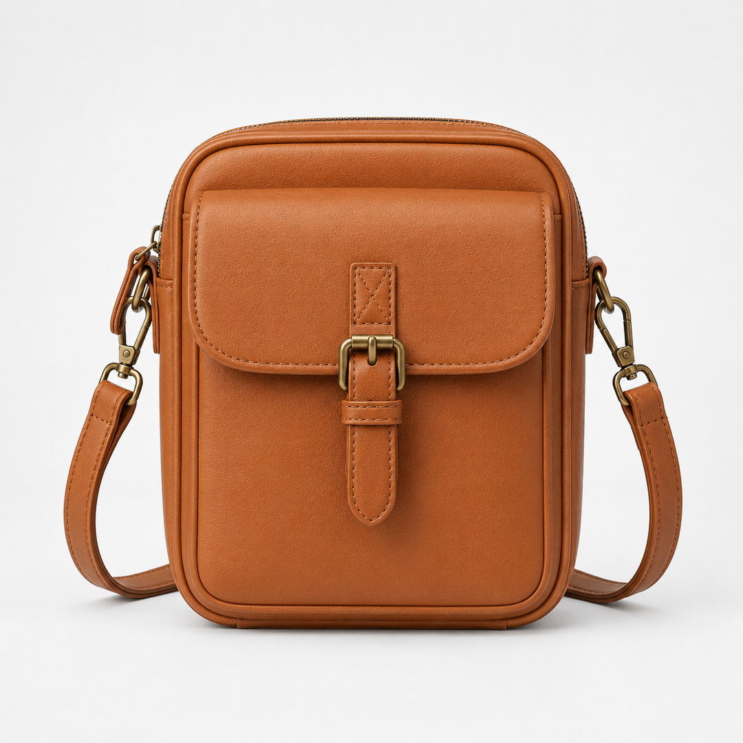 Structured PU crossbody bag with built-in wallet and glasses compartment