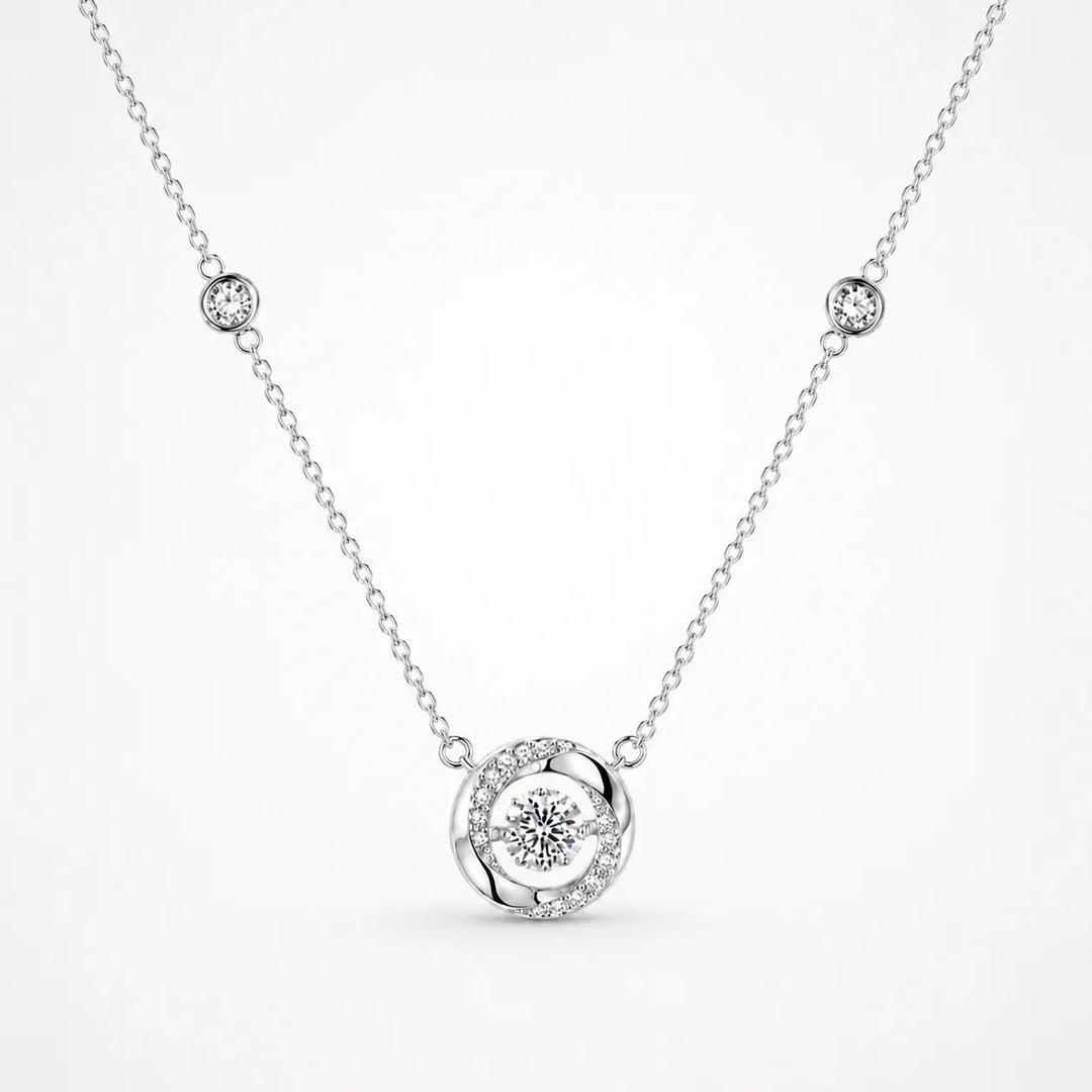 Floating Stone Silver Necklace with Pavé Halo