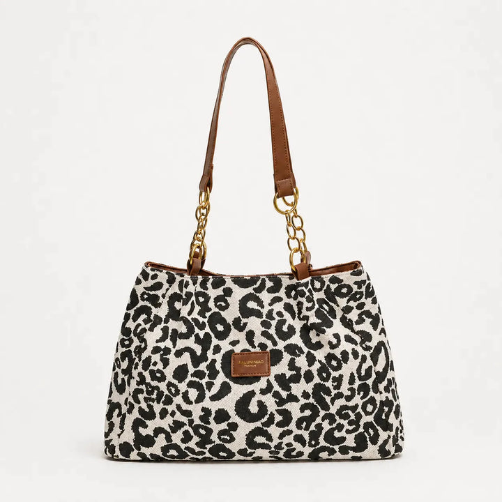 Woven Leopard Print Tote Bag with Leather Trim and Gold Chain