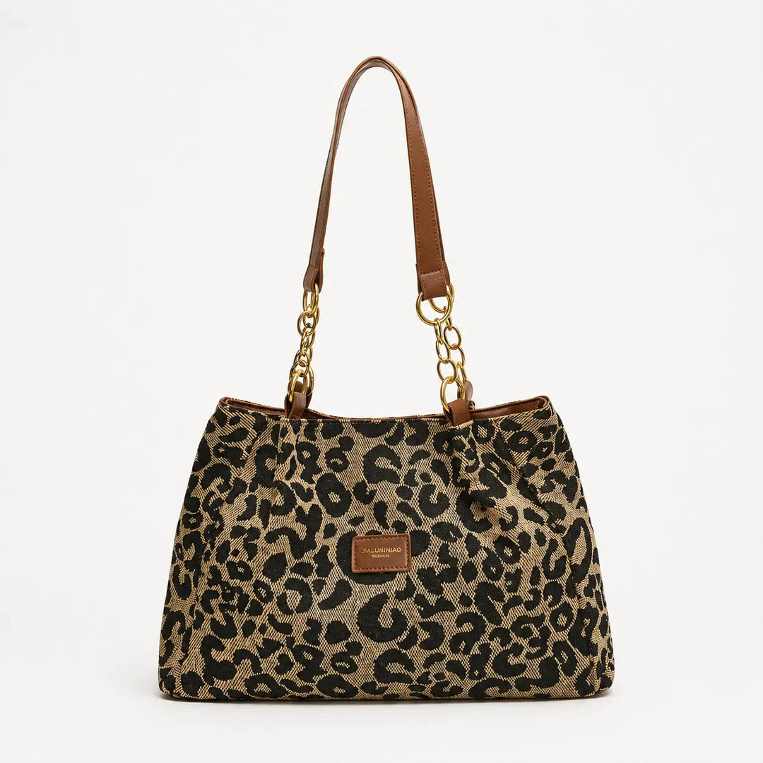 Woven Leopard Print Tote Bag with Leather Trim and Gold Chain