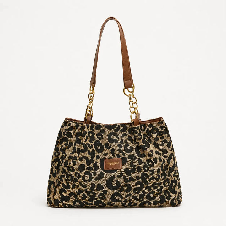 Woven Leopard Print Tote Bag with Leather Trim and Gold Chain
