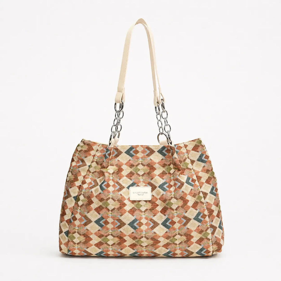Woven Leopard Print Tote Bag with Leather Trim and Gold Chain