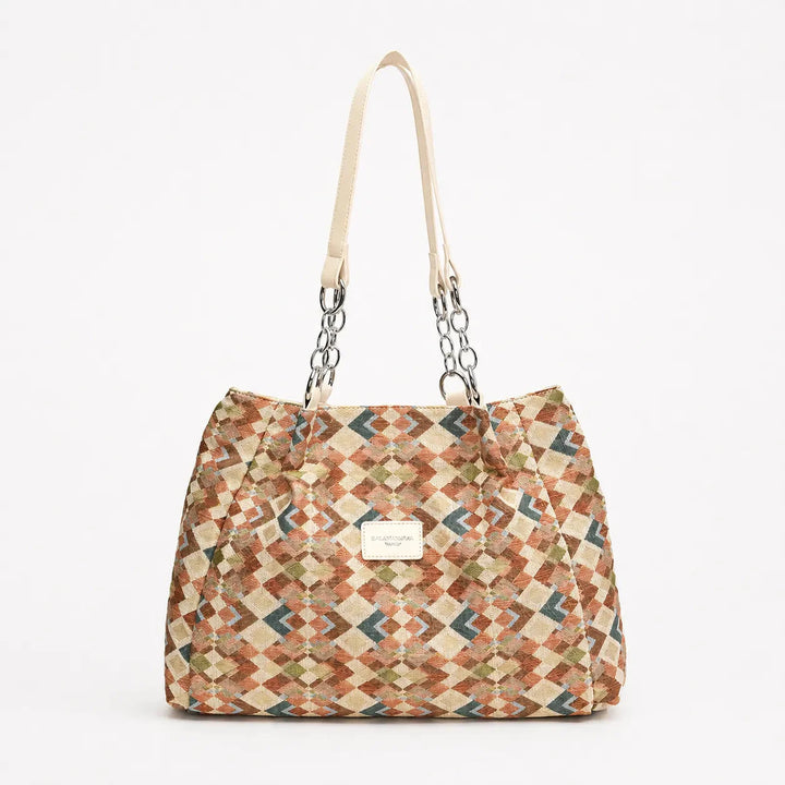 Woven Leopard Print Tote Bag with Leather Trim and Gold Chain