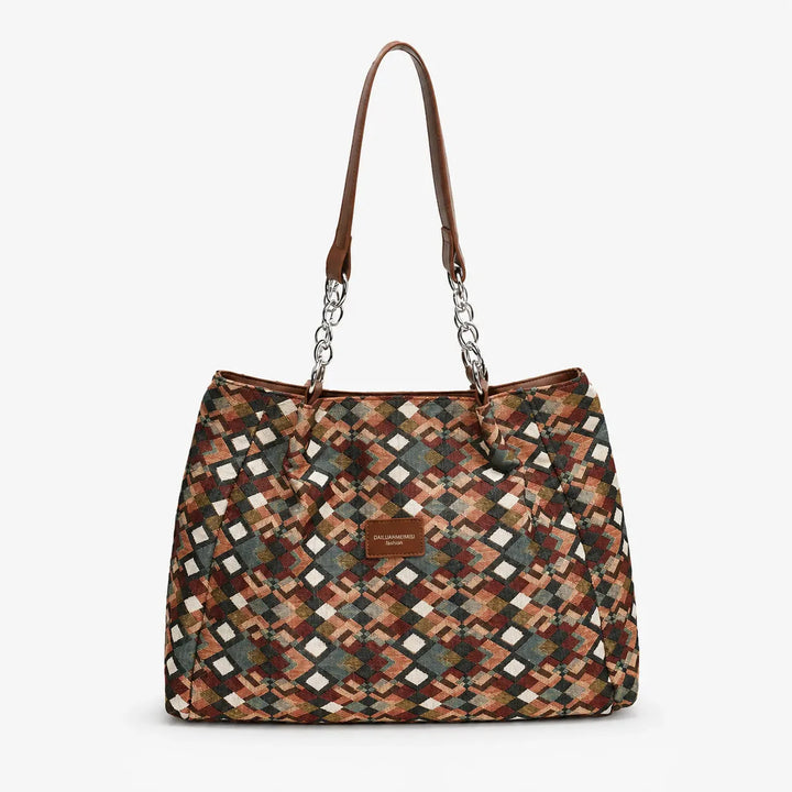 Woven Leopard Print Tote Bag with Leather Trim and Gold Chain