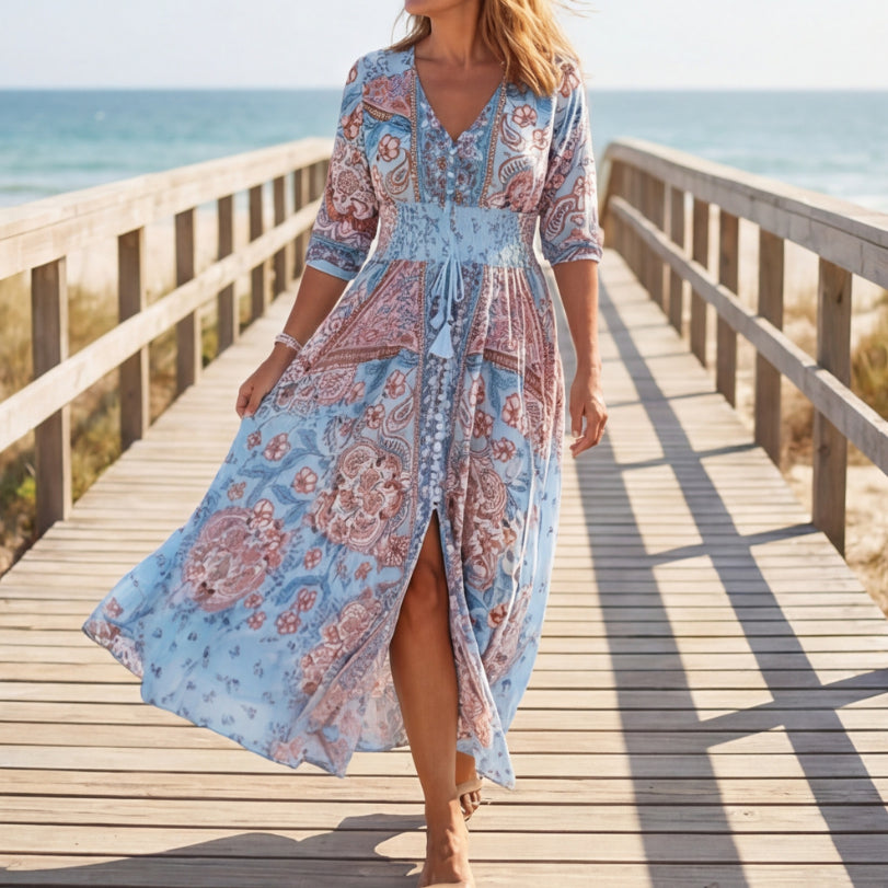Flowy Floral V Neck Maxi Dress
