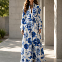 Blue Floral Peony Button-Front Maxi Shirt Dress with Pockets