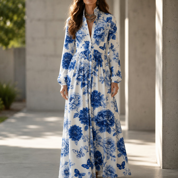 Blue Floral Peony Button-Front Maxi Shirt Dress with Pockets