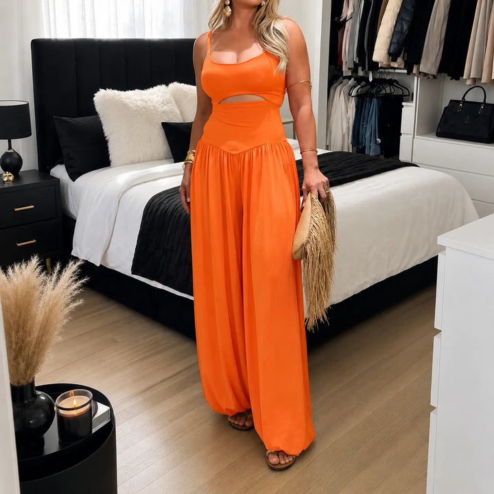 Sleeveless Cutout Wide Leg Jumpsuit with Adjustable Back Tie