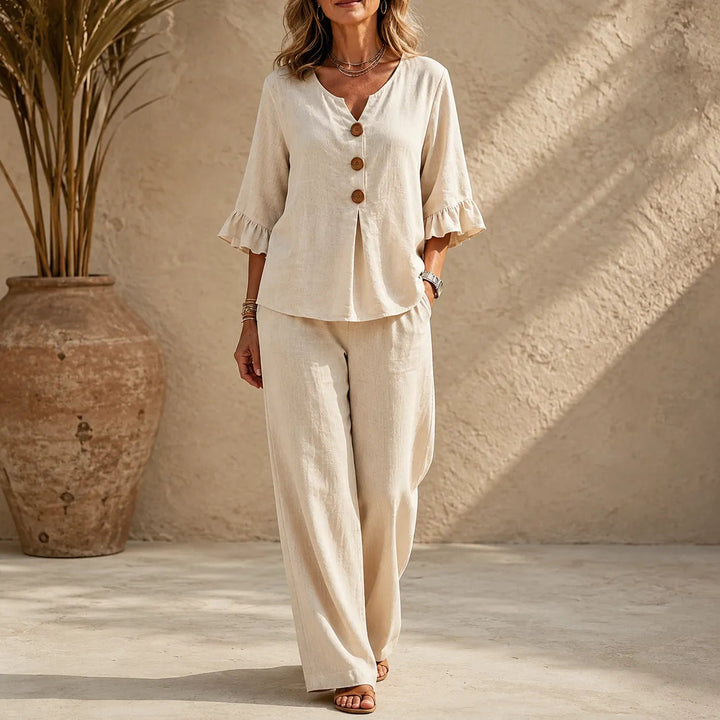 Linen-Look 2-Piece Set, Ruffle-Cuff Top &amp; Wide-Leg Trousers, Women&