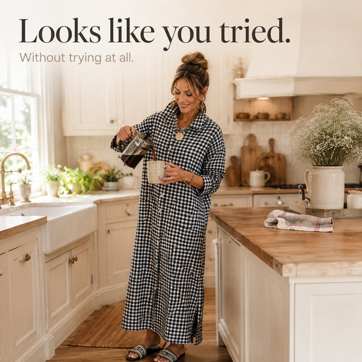 Gingham Button-Front Maxi Shirt Dress with Side Slits