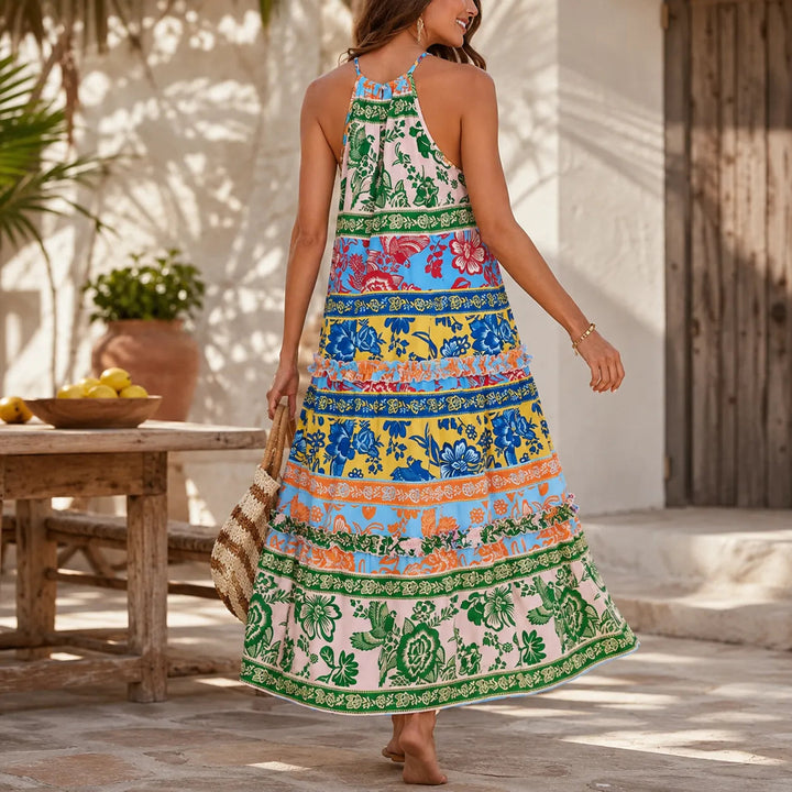Bold Floral Print Halter Maxi Dress for Women