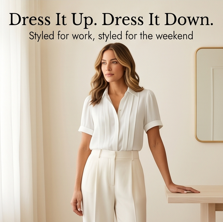 Pleated Short-Sleeve Blouse — View 10 | Clova