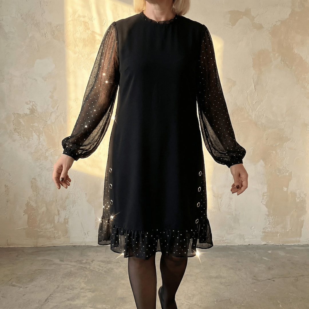 Rhinestone Mesh Sleeve Dress with Ruffle Hem