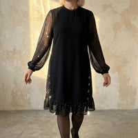 Rhinestone Mesh Sleeve Dress with Ruffle Hem