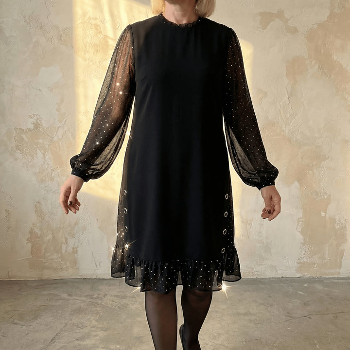 Rhinestone Mesh Sleeve Dress with Ruffle Hem
