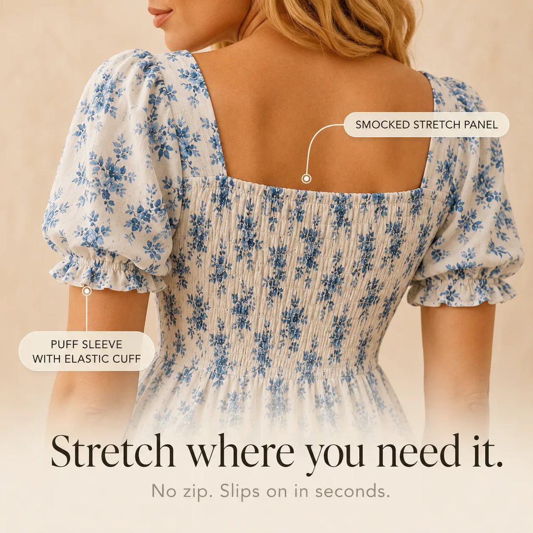 Floral Midi Dress with Tie-Front Square Neckline