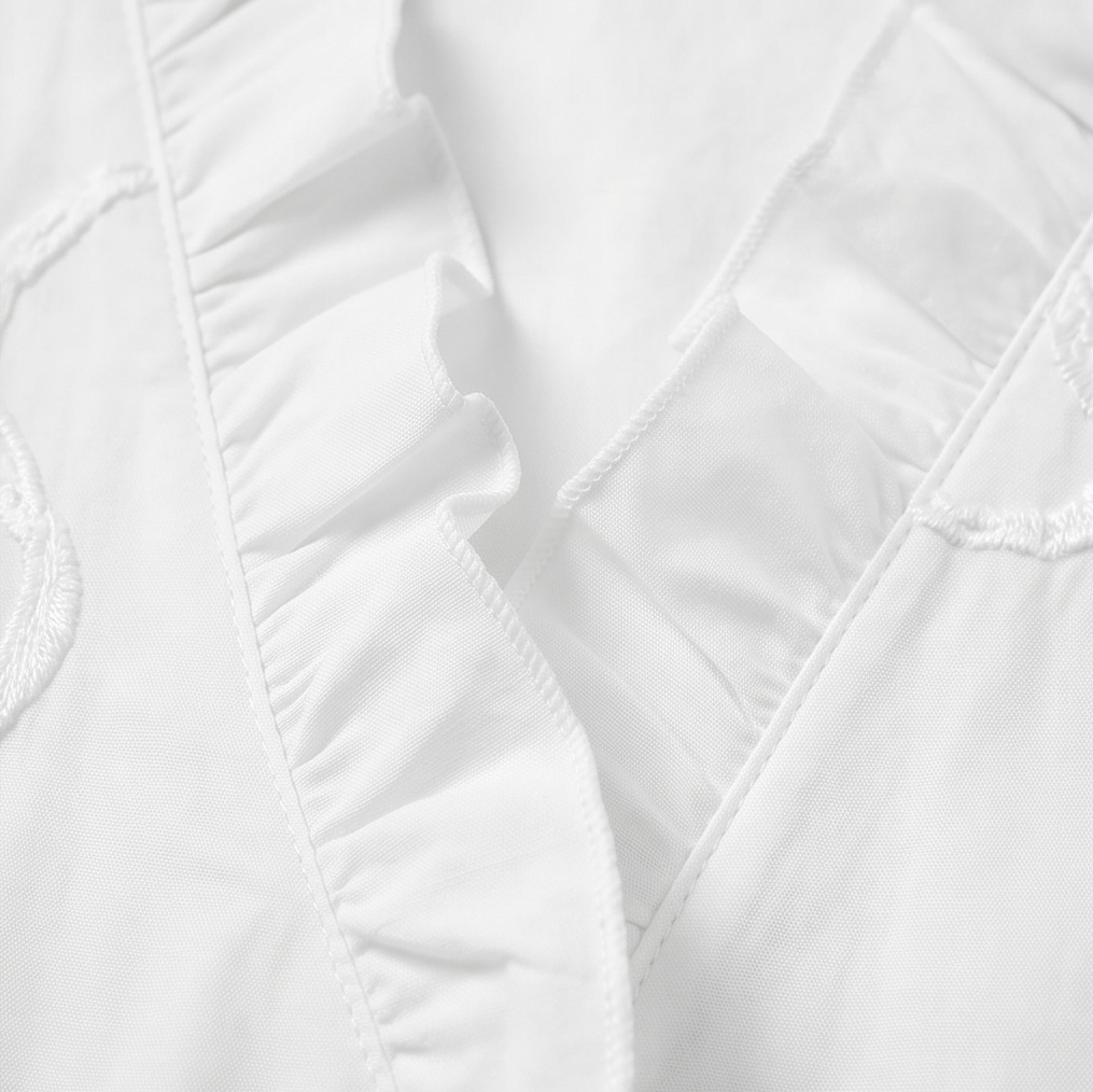 Belvera Romantic Ruffled V-Neck Blouse with Puff Sleeves — View 13 | Clova