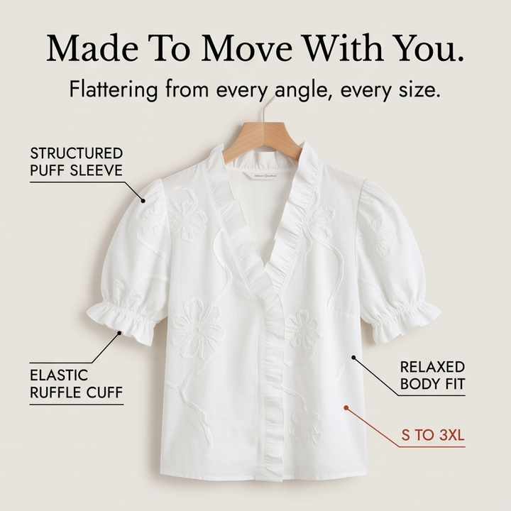 Belvera Romantic Ruffled V-Neck Blouse with Puff Sleeves — View 7 | Clova