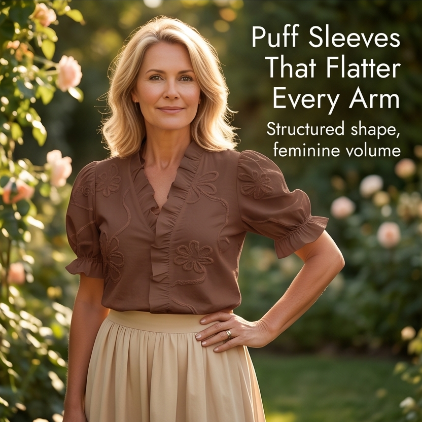 Belvera Romantic Ruffled V-Neck Blouse with Puff Sleeves — View 10 | Clova