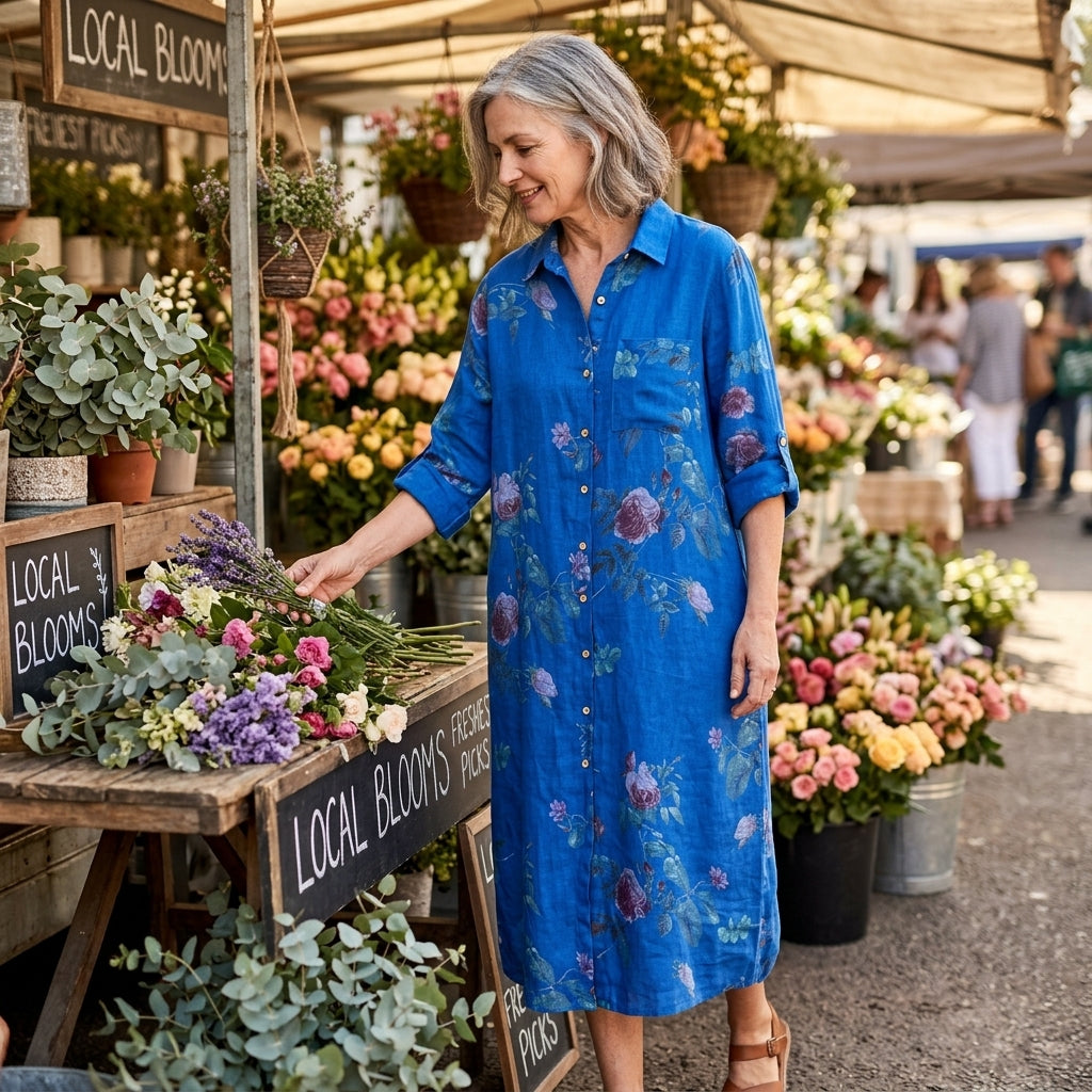 Floral Cotton Linen Shirt Dress