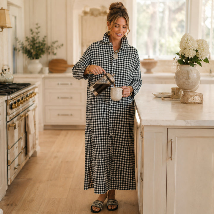 Gingham Button-Front Maxi Shirt Dress with Side Slits