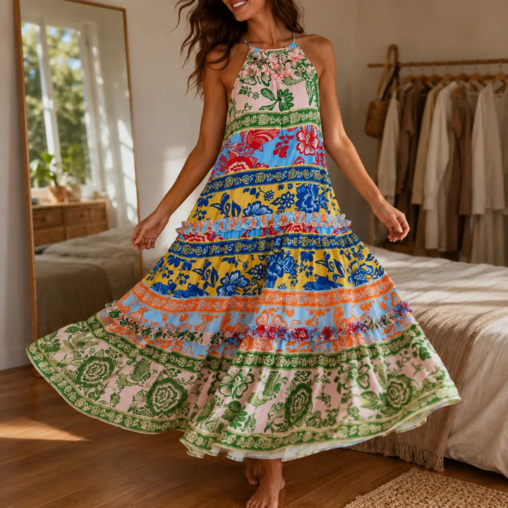 Bold Floral Print Halter Maxi Dress for Women