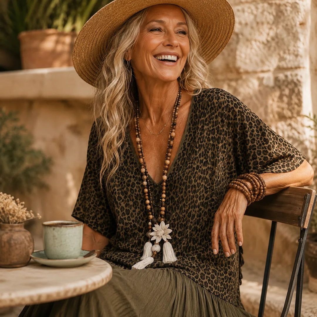 BOHO TIERED MAXI DRESS WITH LEOPARD BODICE, COLOR-BLOCK SKIRT, V-NECK
