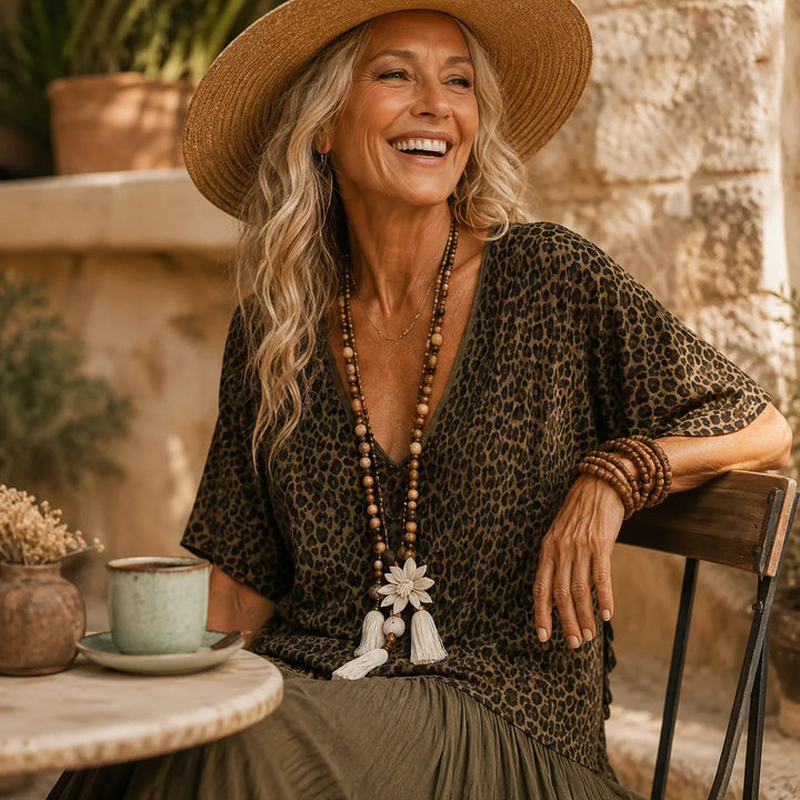 BOHO TIERED MAXI DRESS WITH LEOPARD BODICE, COLOR-BLOCK SKIRT, V-NECK