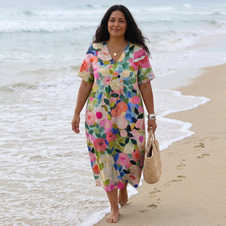 Painted Floral Plus-Size Midi Dress