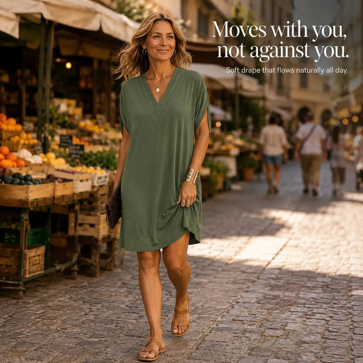 Pleated V-Neck Soft-Drape Shift Dress
