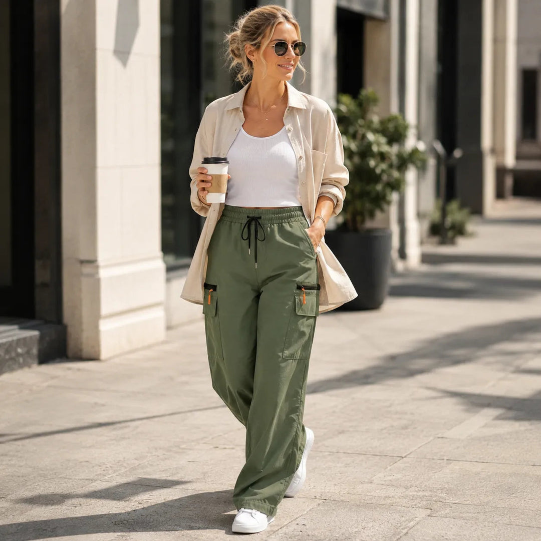 Wide-Leg Drawstring Cargo Pants with Pockets