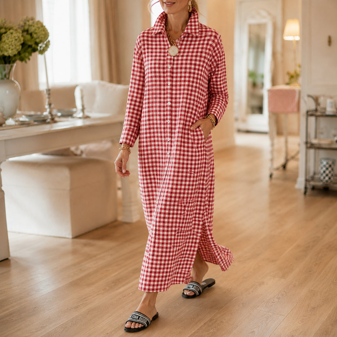 Gingham Button-Front Maxi Shirt Dress with Side Slits