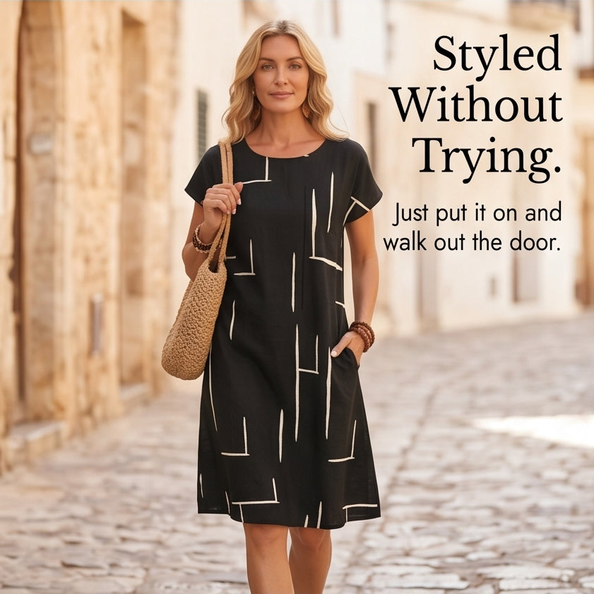 Pocketed Dolman Dress with Abstract Print