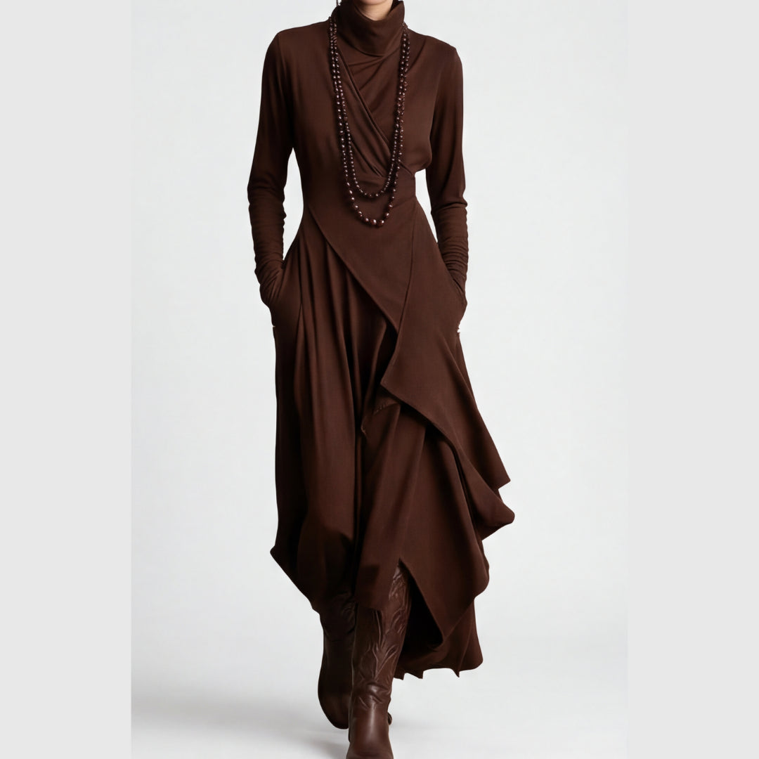 Asymmetrical Draped High Neck Maxi Dress