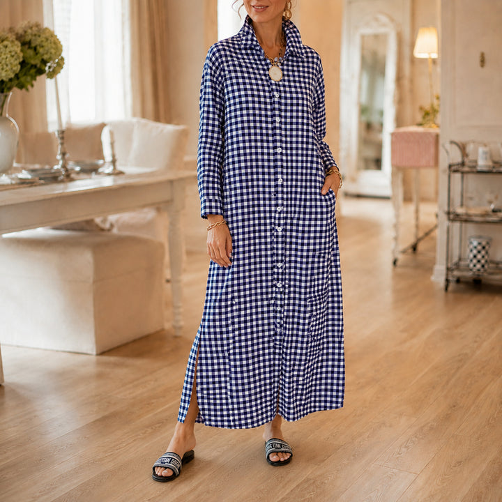 Gingham Button-Front Maxi Shirt Dress with Side Slits