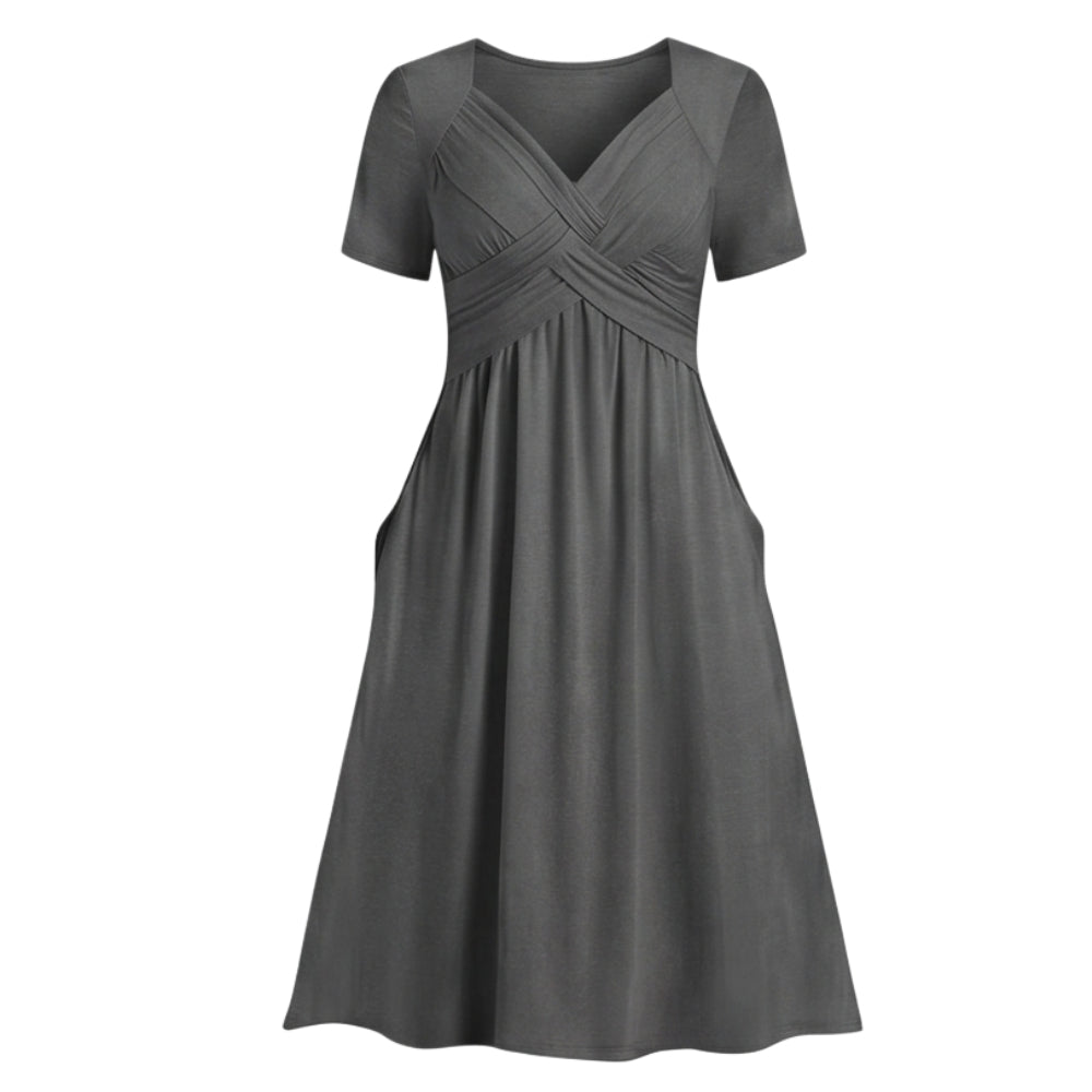 Crossover V-Neck Midi Dress with Pockets